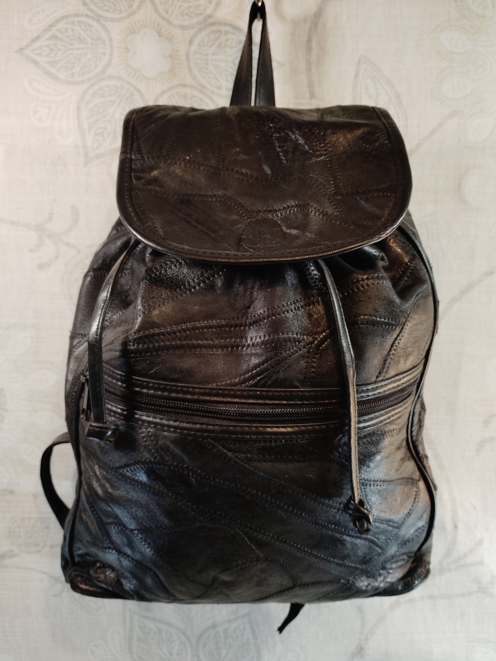 Black Genuine Leather Patchwork Style Backpack - Classic Everyday Bag